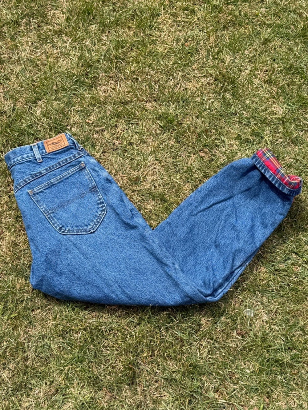 L.L. Bean Men's Slim Jeans - Blue with Red Plaid Cuff